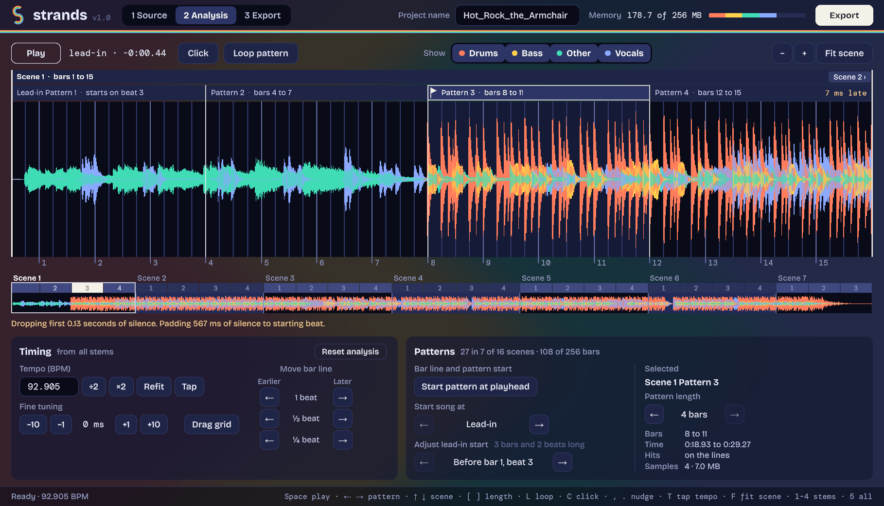 The Analysis screen, showing the waveform with its beat grid and the Timing and Patterns panels