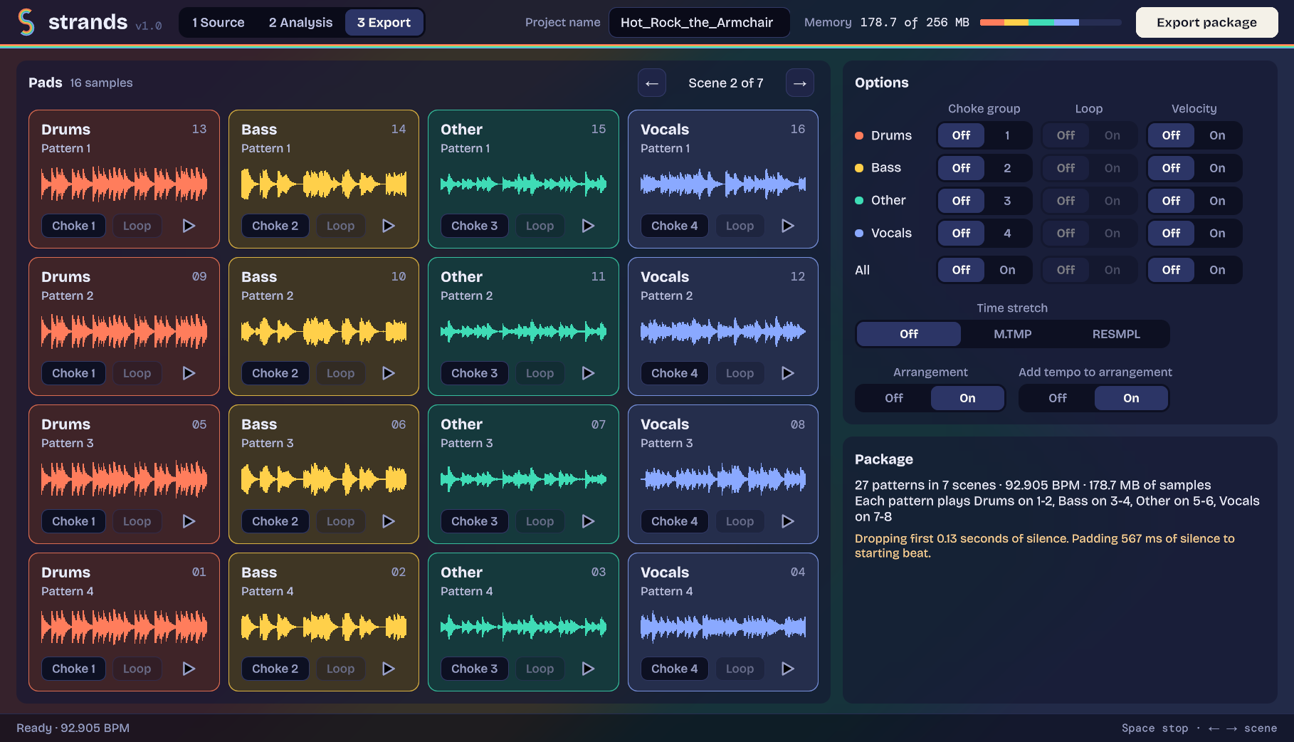 The Export screen, showing sixteen pads of scene 2 and the Options and Package panels